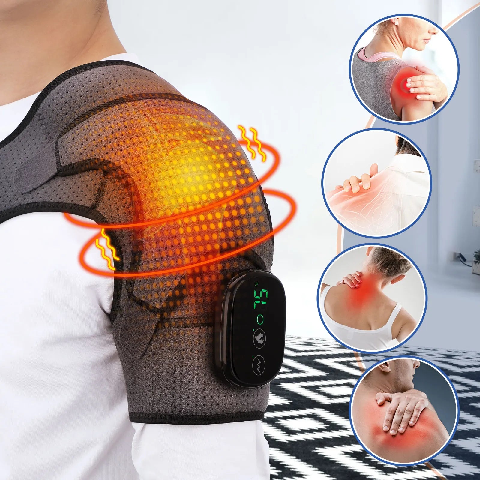 Person wearing a heating pad on their shoulder with inset images of sore muscles.