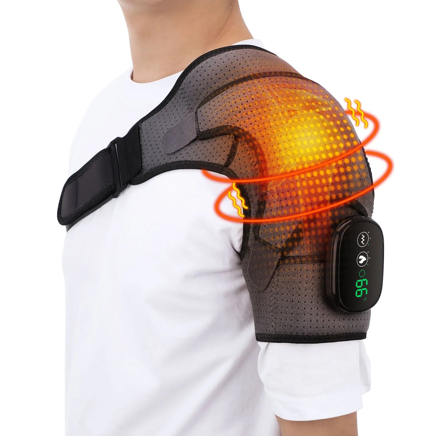 Shoulder heating pad with digital display on a white background