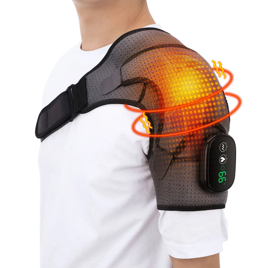Shoulder heating pad with digital display on a white background